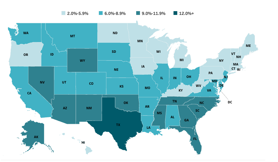 Uninsured Rates by State for 2023, Comparison Year 2022, map