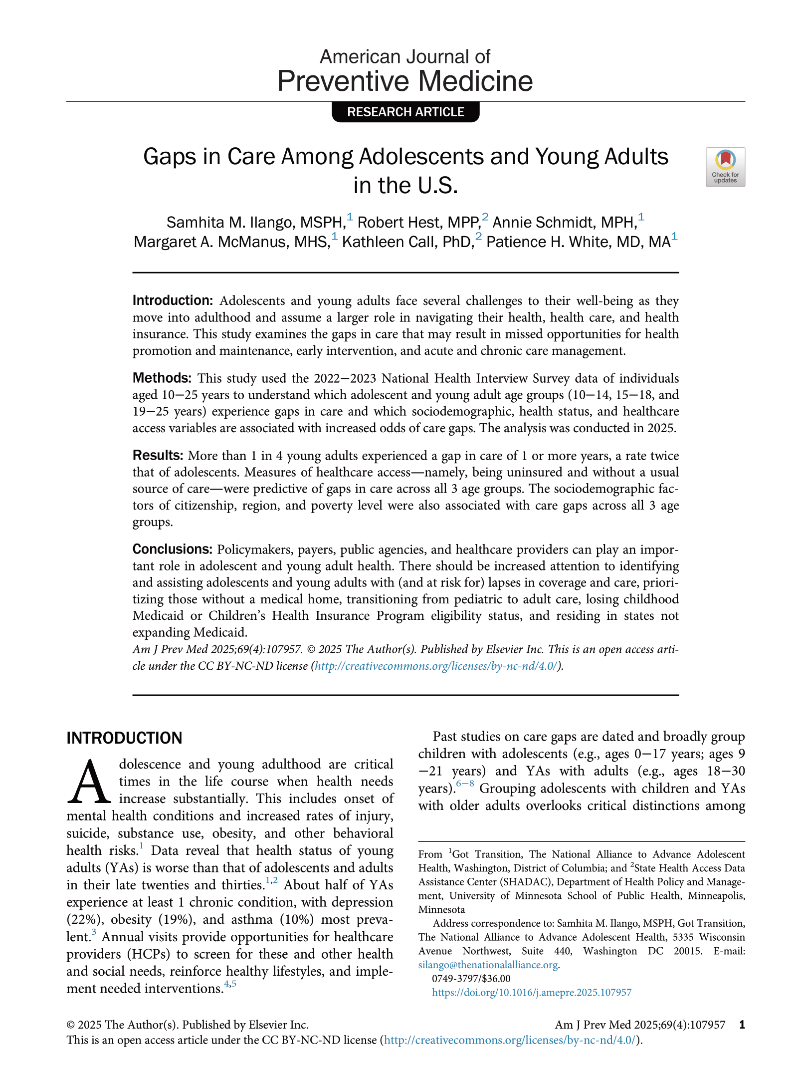 Gaps in Care Among Adolescents and Young Adults in the U.S cover page