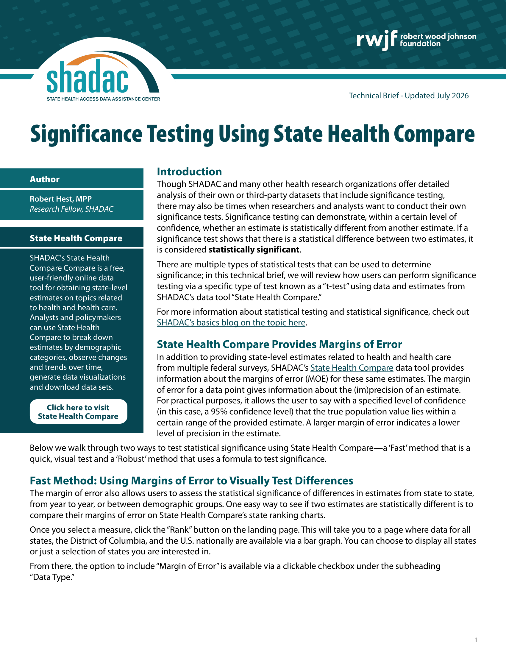 Brief cover page "Significance Testing Using State Health Compare 2026 Update"