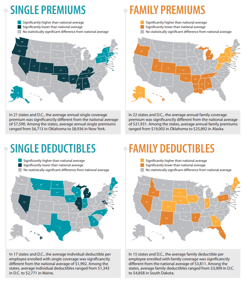 Four maps of US highlighting different states' single and family premiums and deductible for ESI coverage. Full details in full infographic.
