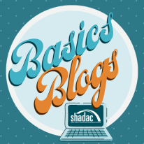 SHADAC 'Basics Blog' series logo. "Basics blogs" in script with a laptop showing SHADAC's logo.