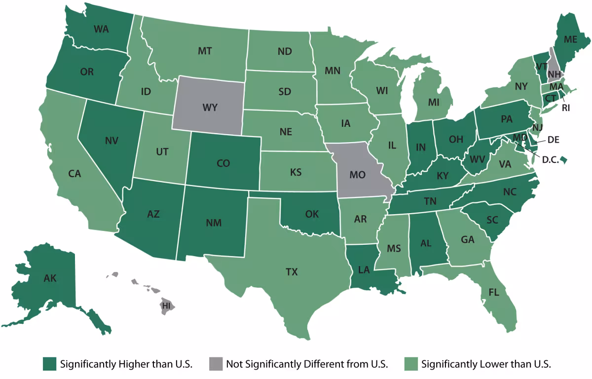 Figure 1. State vs. U.S. Overdose Death Rates from All Drugs, 2024. Dark green significantly higher than US, grey no significant difference, light green significantly lower than US. Details in text.
