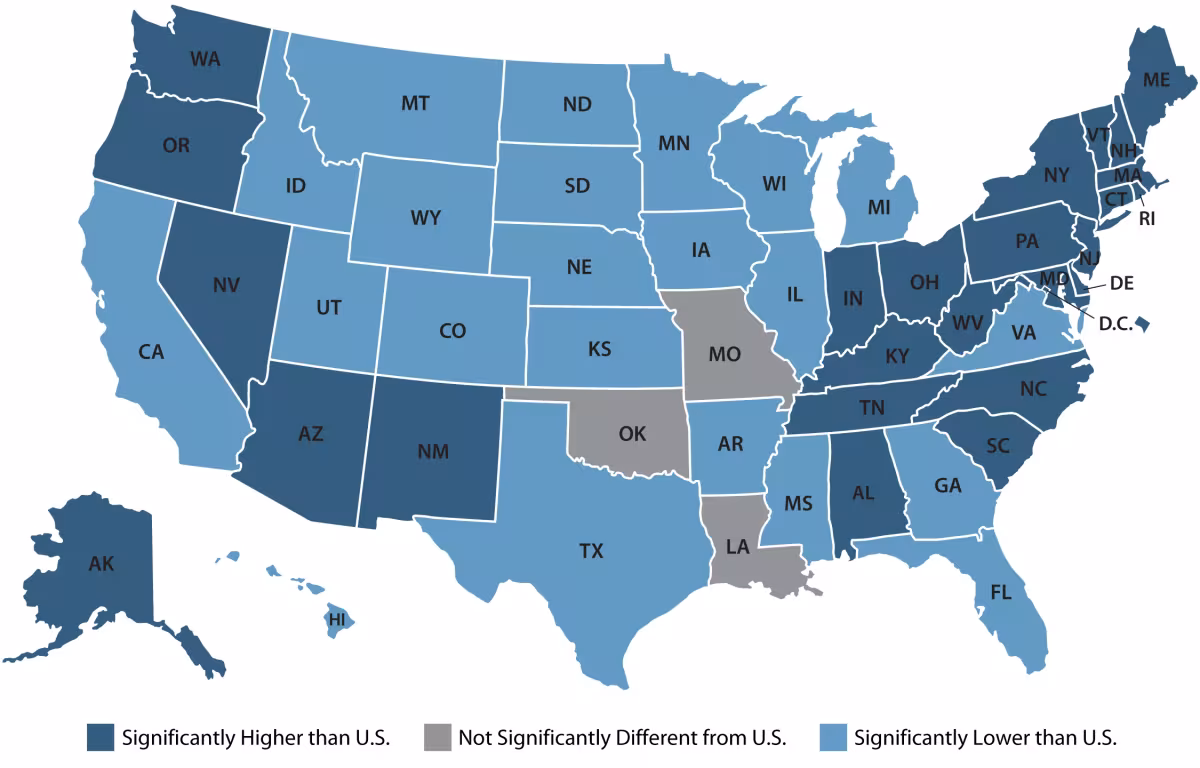 Figure 3. State vs. U.S. Fentanyl Overdose Death Rates, 2024, map. Dark blue, significantly higher than US. Grey no significant difference. Light blue significantly lower than US. Details in text.