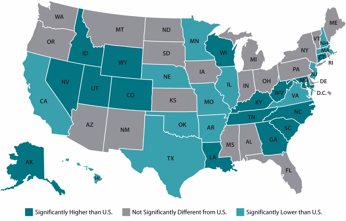 Figure 5. State vs. U.S. Prescription Opioid Overdose Death Rates, 2024. Dark teal significantly higher. Grey no sig difference. Light teal significantly lower than US. Details in text.