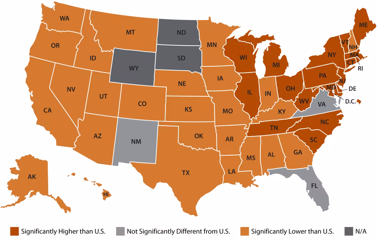Figure 7. State vs. U.S. Cocaine Overdose Death Rates, 2024. Dark orange sig higher than US. Grey no sig diff. Light orange sig lower than US. Details in text.