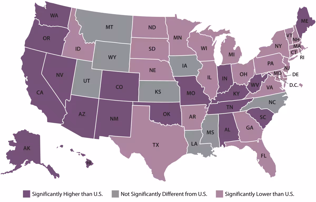 Figure 9. State vs. U.S. Methamphetamine Overdose Death Rates, 2024, map. Dark purple sig higher than US. Grey no sig difference. Light purple sig lower than US. details in text