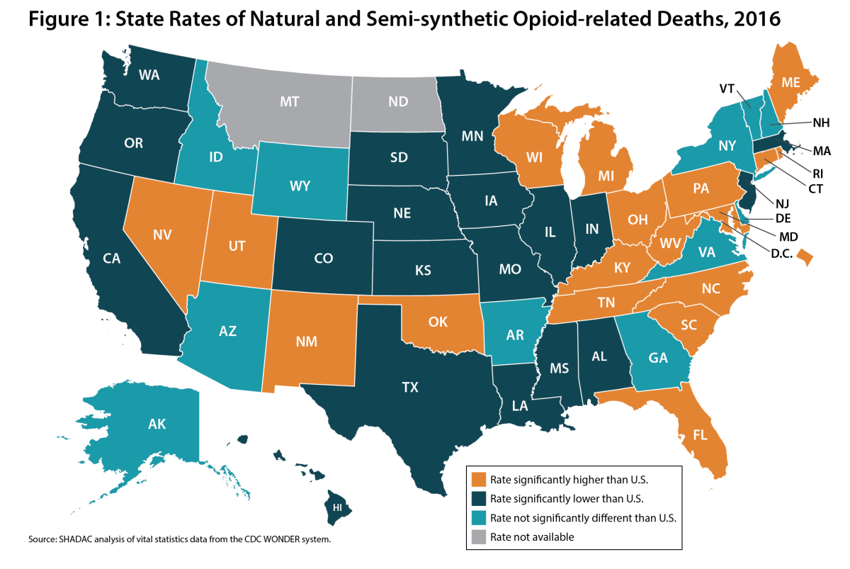 map of US, rates of natural and semi-synthetic opioid deaths 2016. details in text and in full brief.