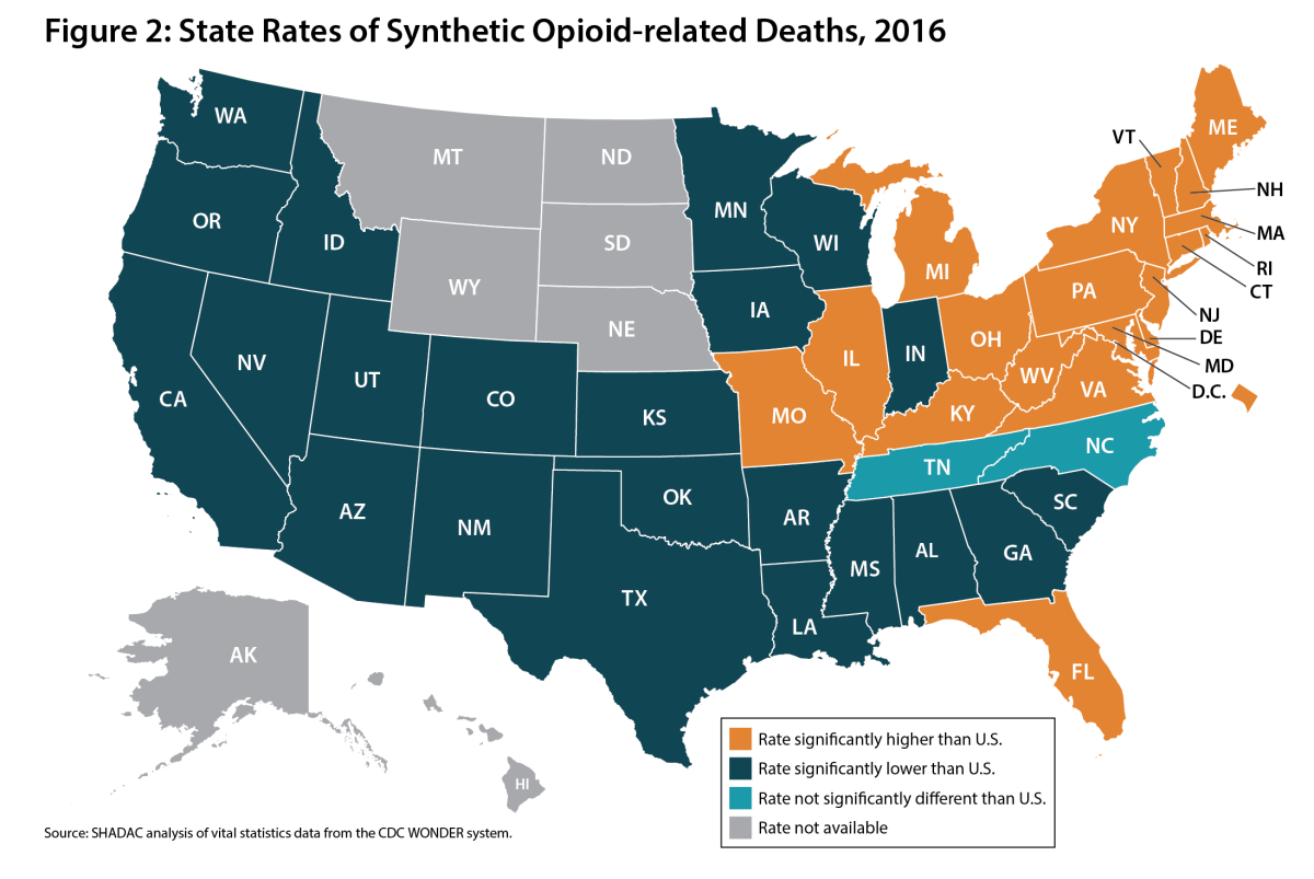 State rates of synthetic opioid related deaths in 2016. 22 states significantly lower than the US average. 20 states significantly higher than the US rate. 2 states (TN and NC) not significantly different. 7 state rate not available.