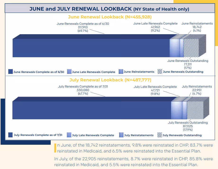 New York insurance renewals report screenshot. See full report here: https://info.nystateofhealth.ny.gov/sites/default/files/New%20York%20State%20Public%20Health%20Emergency%20Unwind%20Dashboard%20-%20August%202023.pdf