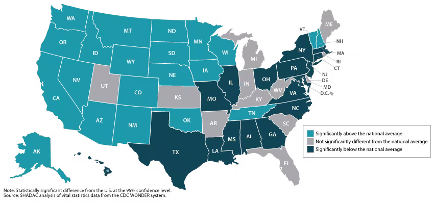map of US showing alcohol death rates being above or below national average. About half are significantly above the national average. See post for details and analysis.