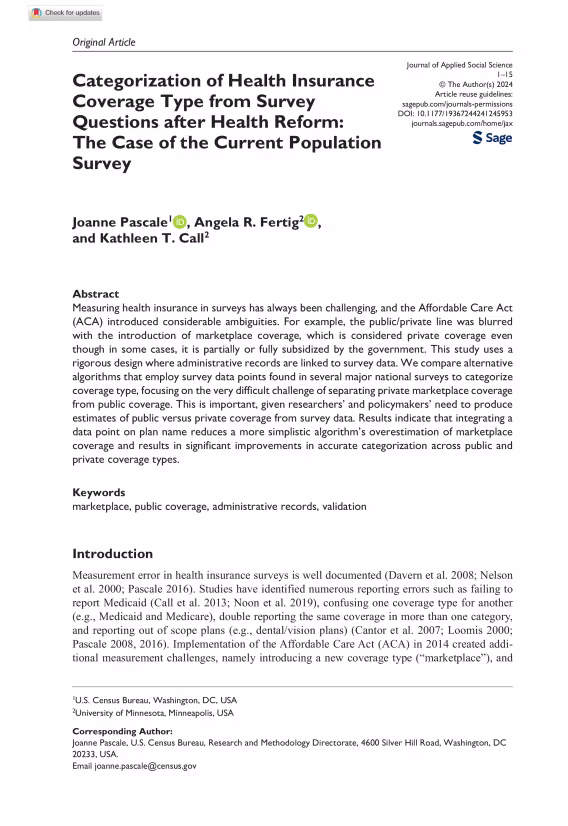 Categorization of Health Insurance Coverage Type from Survey Questions after Health Reform_ The Case of the Current Population Survey cover page.png