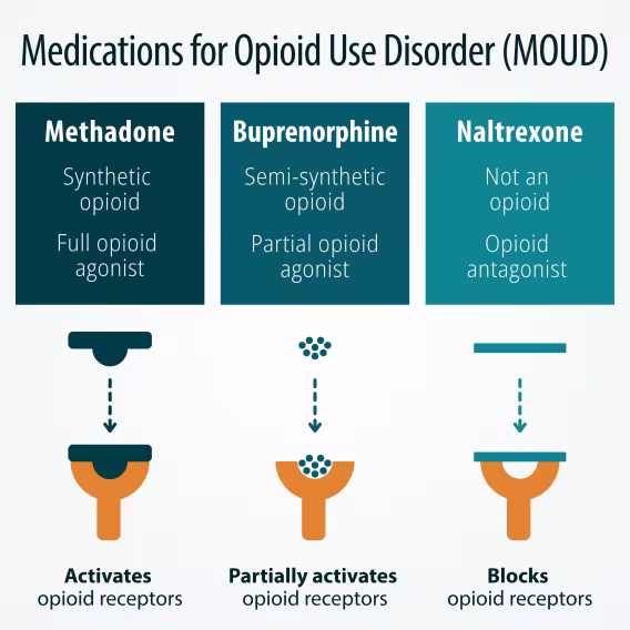 Medications for Opioid Use Disorder (MOUD) diagram, methadone, buprenorphine, naltrexone. Details in text.