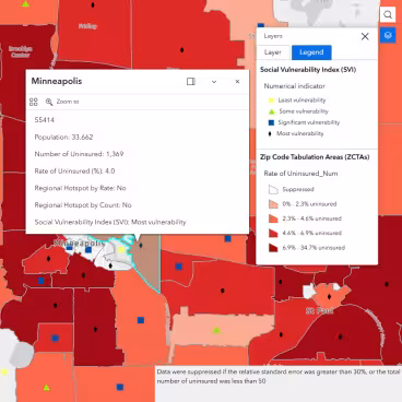 map of minnesota displaying level of social vulnerability index and number of uninsured. Details and numbers in text.