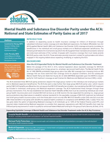 Brief cover page, titled, "Mental Health and Substance Use Disorder Parity Under the ACA: National and State Estimates 2017"