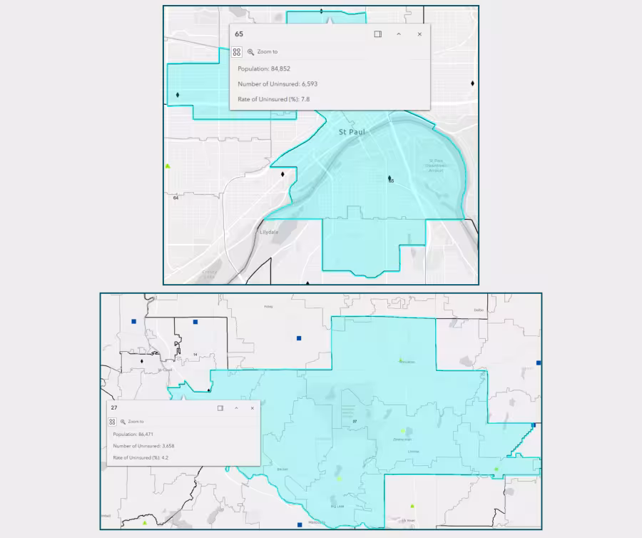 senate regions 27 and 65 compared via interactive map tool, community and uninsured profile