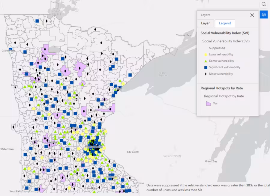 regional hotspots by rate and SVI in minnesota map