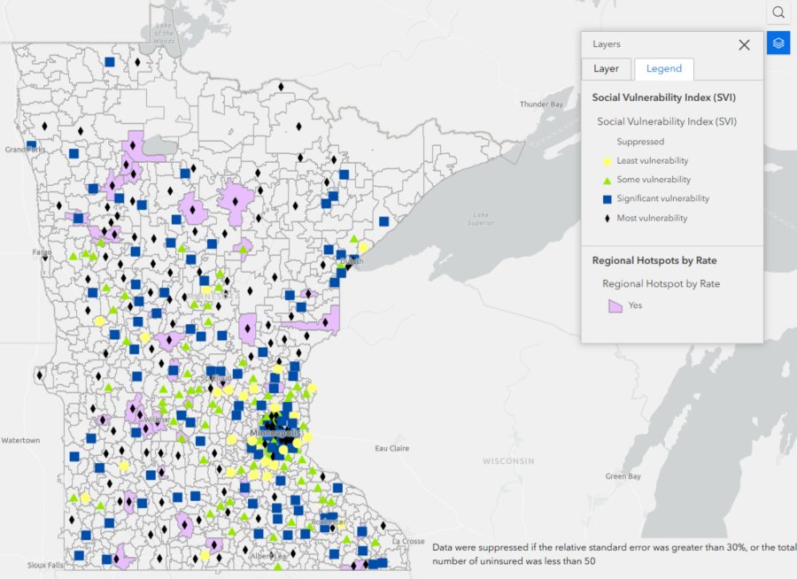 regional hotspots by rate and SVI in minnesota map