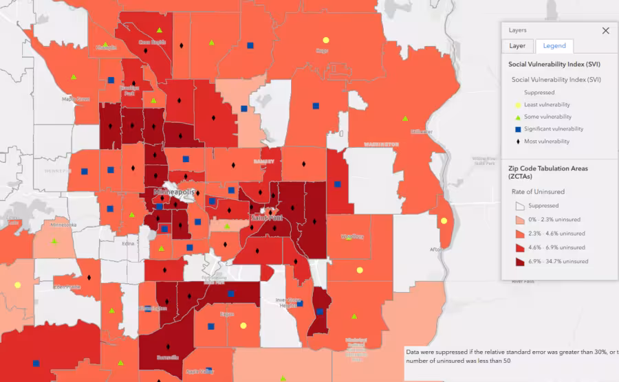 twin cities metro area ZCTAs and SVI map