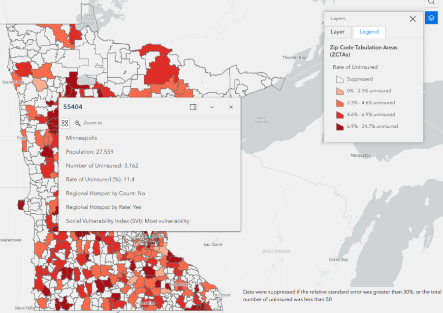 uninsurance by zip code minnesota map