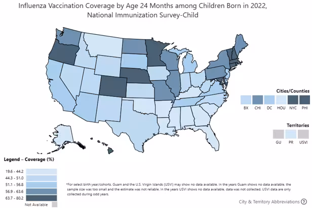 Influenza (Flu) Vaccination Coverage by Age 24 Months Among Children Born in 2022, Map (Via CDC ChildVaxView)