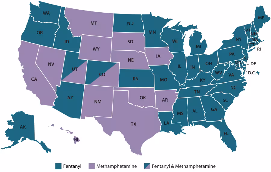 Map, leading cause of overdose deaths by state. Blue, fentanyl. Purple, methamphetamine. Blue and purple, both fentanyl and methamphetamine. Details in text.