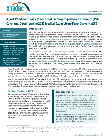Brief cover page, titled, "A Post-Pandemic Look at the Cost of Employer-Sponsored Insurance (ESI) Coverage: Data from the 2023 Medical Expenditure Panel Survey (MEPS)"