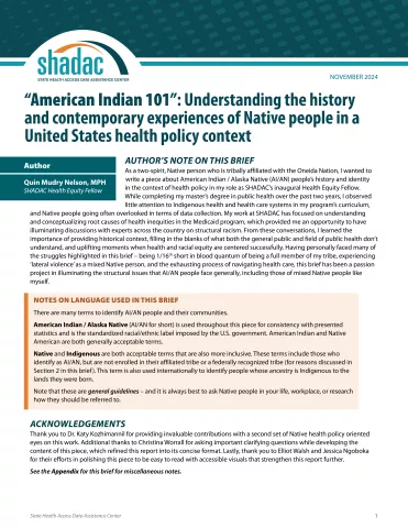 Brief cover page, titled, "American Indian 101: Understanding the history and contemporary experiences of Native people in a United States health policy context"