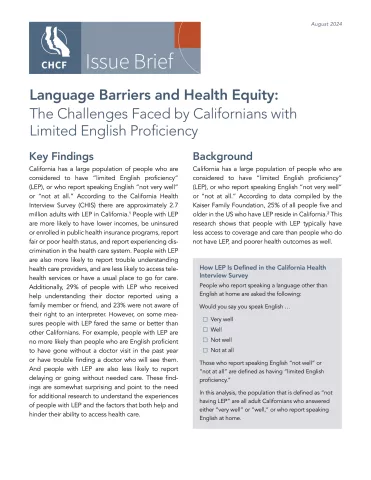 CHCF brief cover page, titled, "Language Barriers and Health Equity: The Challenges Faced by Californians with Limited English Proficiency"