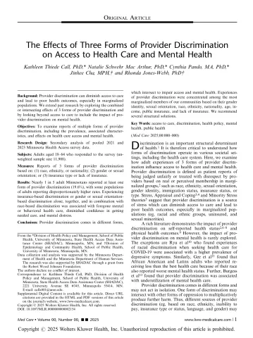 Journal article cover page, titled, "three forms of provider discrimination on access to health care and mental health"