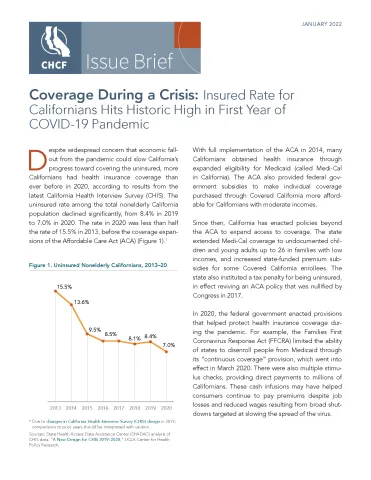 CHCF brief cover page, titled, "Coverage During a Crisis: Insured Rate for Californians Hits Historic High During First Year of COVID 19 Pandemic"