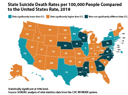 Suicide rates in the US compared to suicide death rates in individual states displayed on a geographical map of the US.