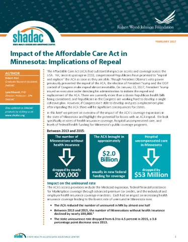 Brief cover page, titled, "Impact of the Affordable Care Act in Minnesota: Implications of Repeal"