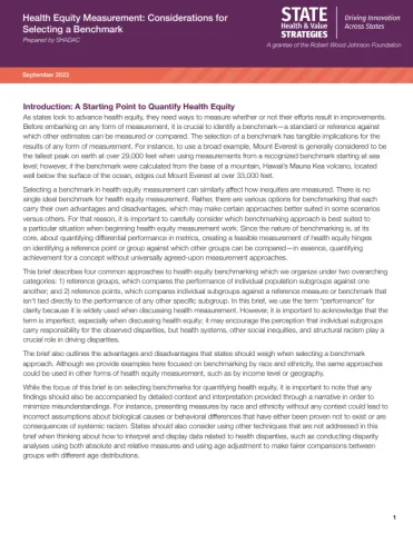 Brief cover page, titled, "Health Equity Measurement: Considerations for Selecting a Benchmark."