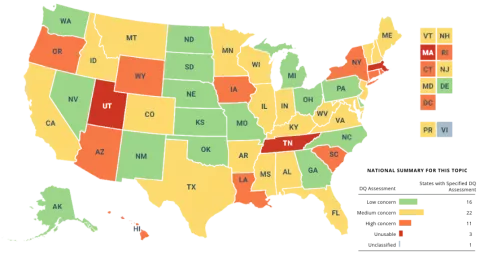 Race and Ethnicity Data T-MSIS analytic file 2021 showing 50 state map with data quality assessments