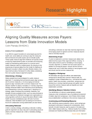 Brief cover page, titled, "Aligning Quality Measures Across Payers: Lessons from State Innovation Models"