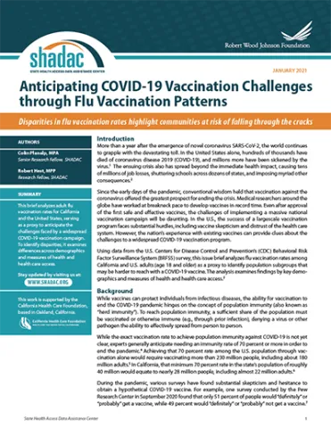 Brief cover page, titled, "Anticipating COVID-19 vaccination challenges through flu vaccination patterns"