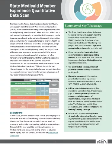 Medicaid experience as members quantitative data scan for Medicaid Equity Monitoring Tool project.