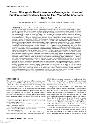 Journal article cover page, titled, "Recent Changes in Health Insurance Coverage for Urban and Rural Veterans: Evidence from the First Year of the Affordable Care Act"